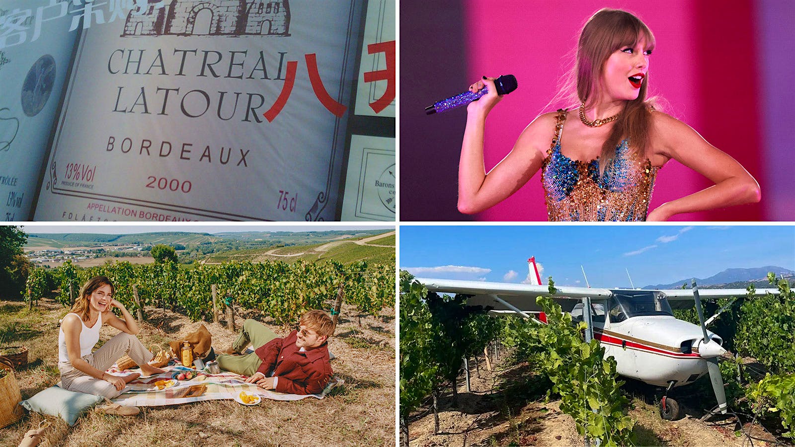 Clockwise from top left: a fake label for a counterfeit Bordeaux titled Chatreal Latour Bordeaux 2000; Taylor Swift during a live concert; a small plane in California's El Diablo vineyard after making an emergency landing there; Emma Watson and her brother Alex Watson having a picnic with their family gin in a vineyard