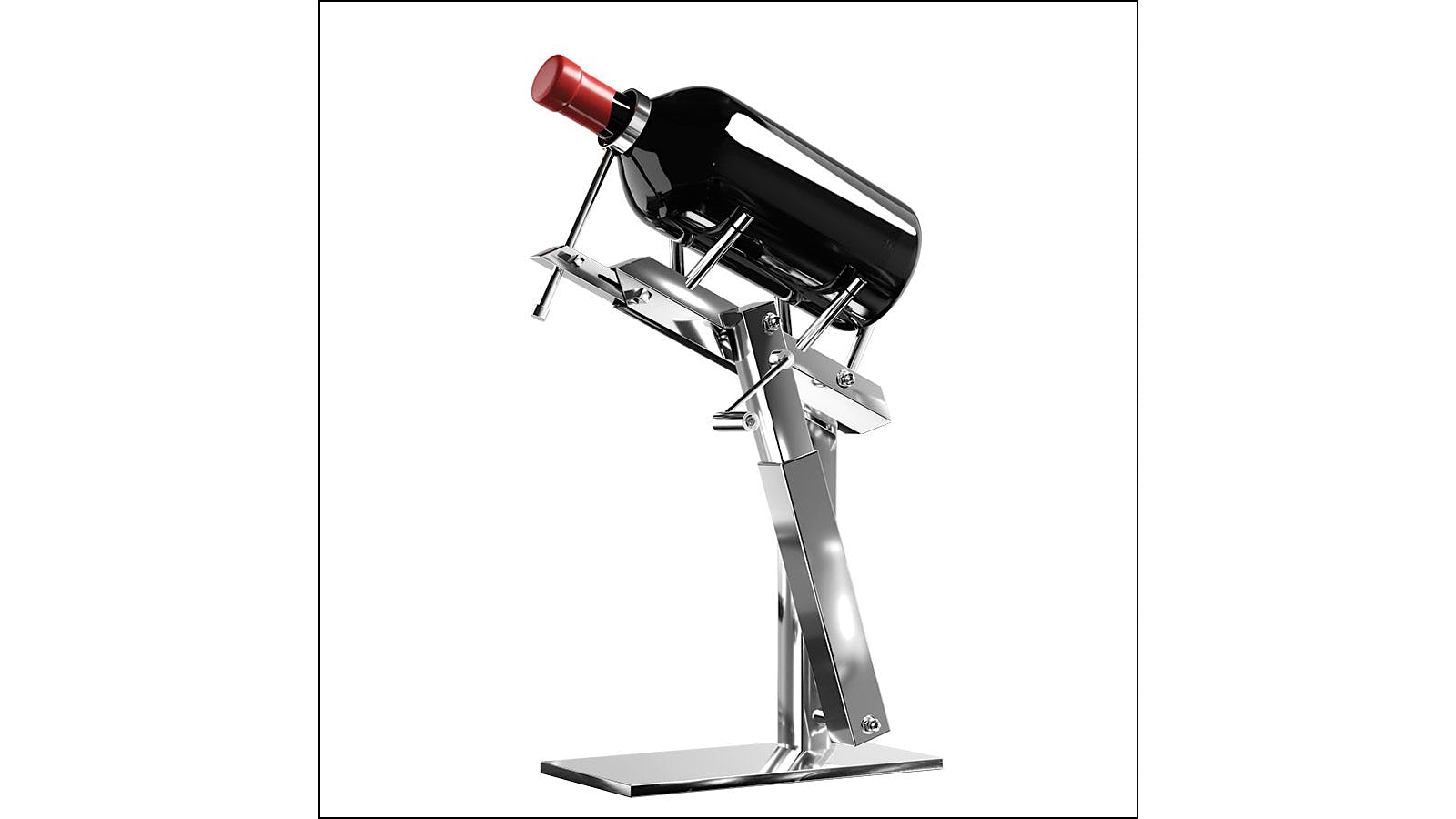 The Vcanter wine-decanting cradle holds an unmarked large format bottle.