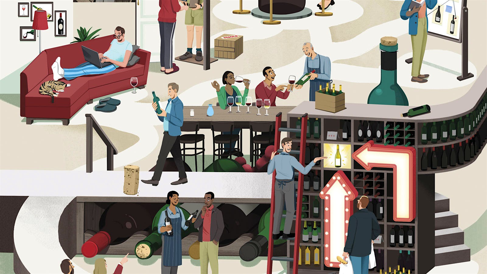 Illustration of wine lovers shopping online, at a winery tasting room and at a wine retailer.