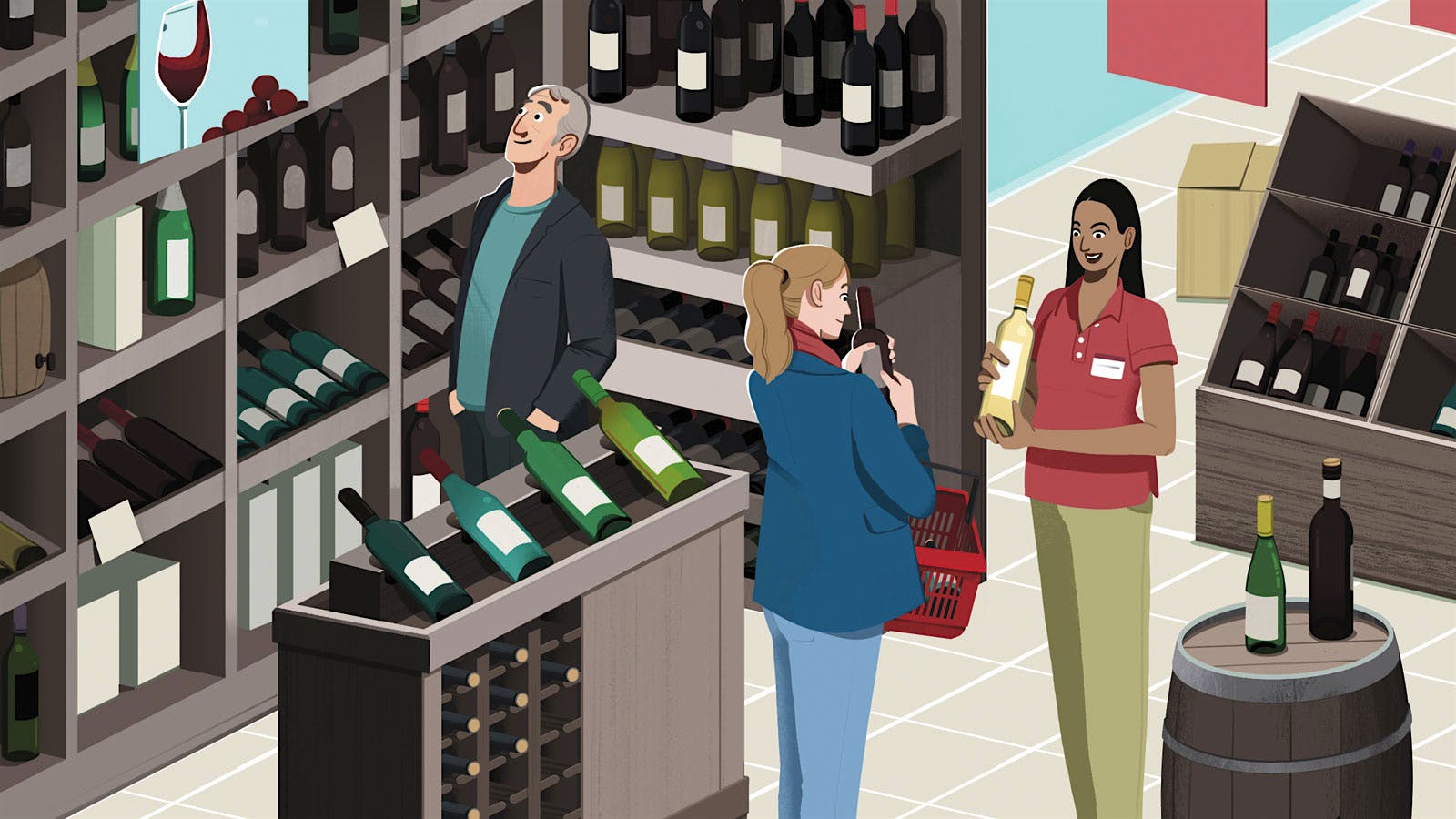 An illustration of a wine shop employee helping one customer while another browses the shelves.