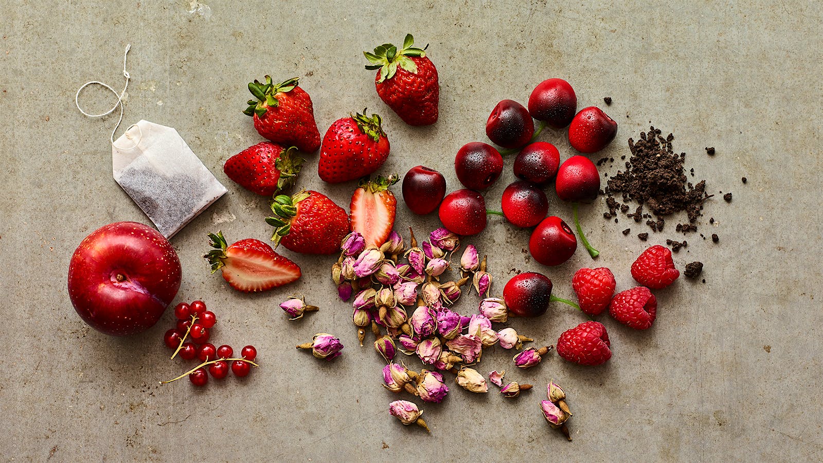 Plum, black tea, red currants, strawberries, dried roses, cherries and earth, representing the flavors and aromas of Pinot Noir wine