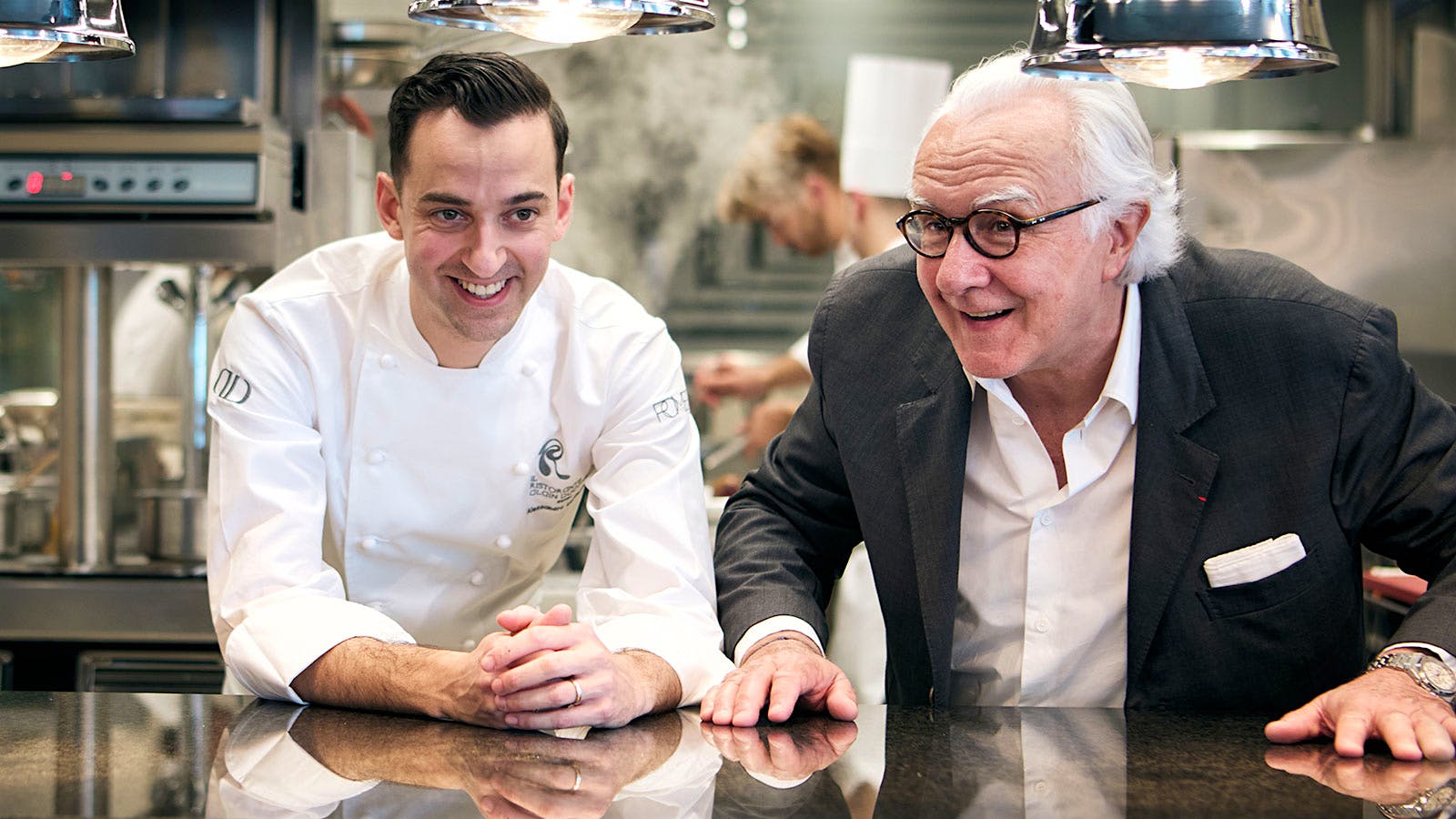 Il Ristorante Alain Ducasse executive chef Alessandro Lucassino (left) and Alain Ducasse in a kitchen