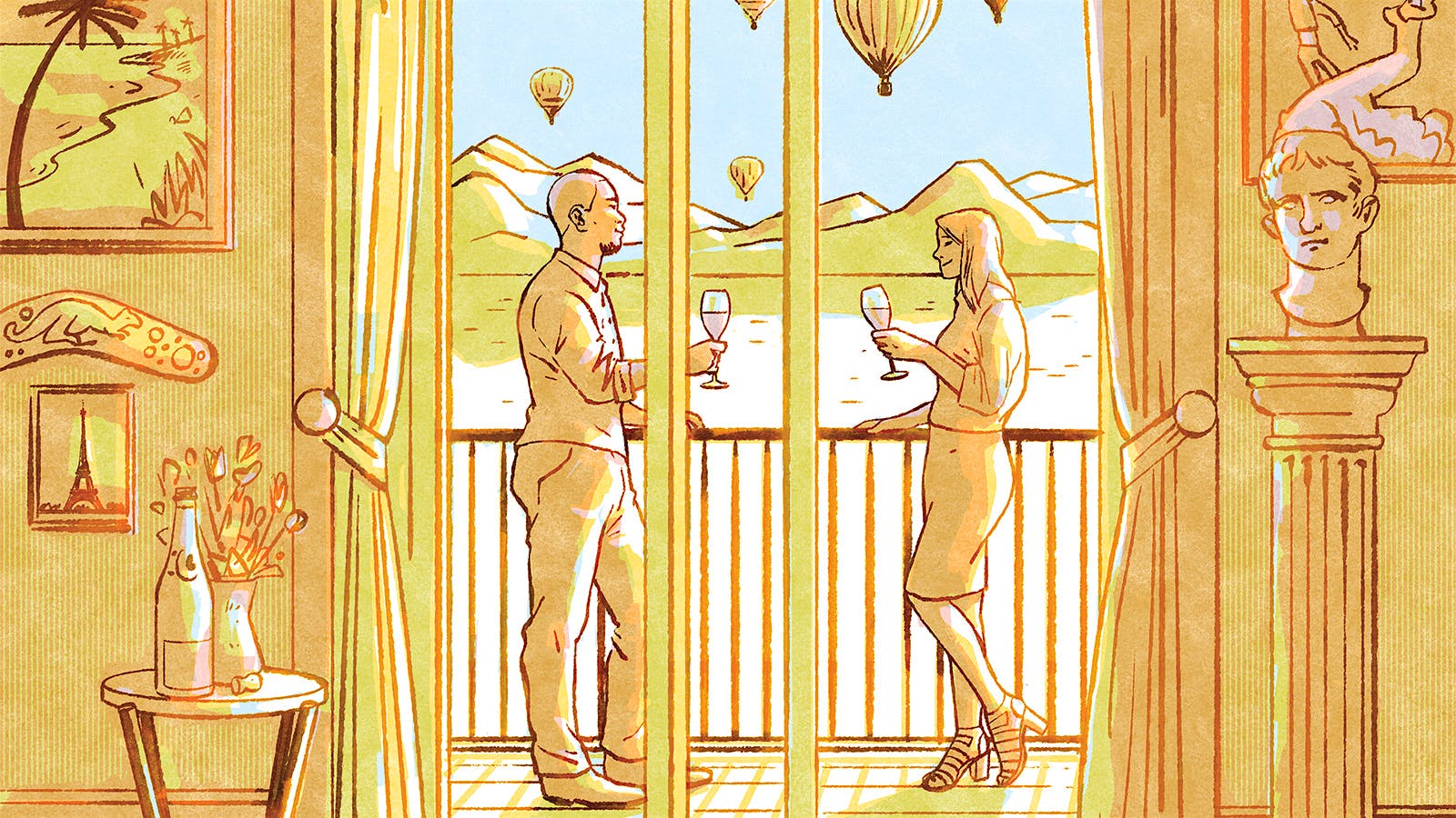 An illustration of a man and a woman drinking sparkling wine on a deck, with mountains and hot air balloons in the background