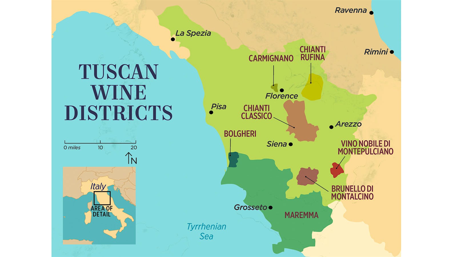 An illustrated map of Tuscan wine districts