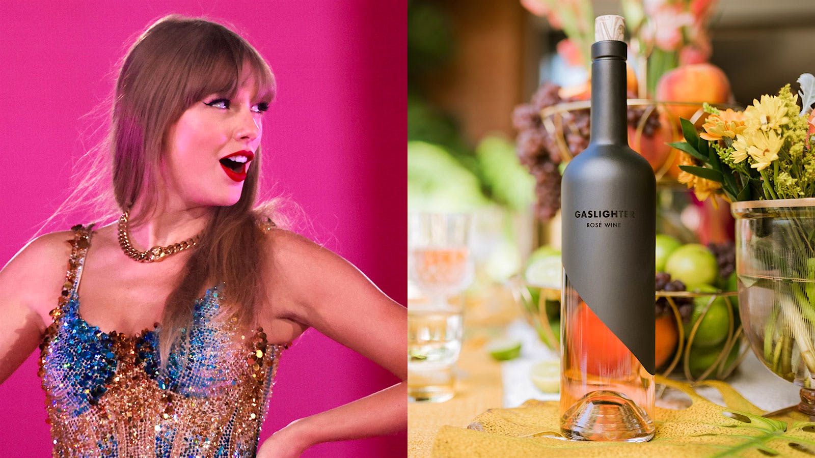 At left, Taylor Swift sings on stage during the Eras Tour. At right is a bottle of Gaslighter rosé wine on a flower-filled table.