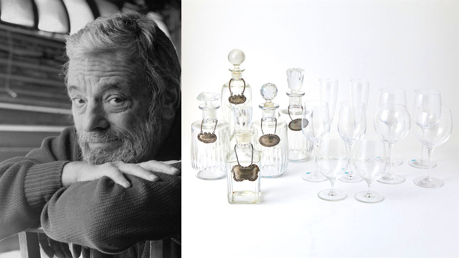 Composite image of lyricist and composer Stephen Sondheim and a collection of his decanters and wineglasses